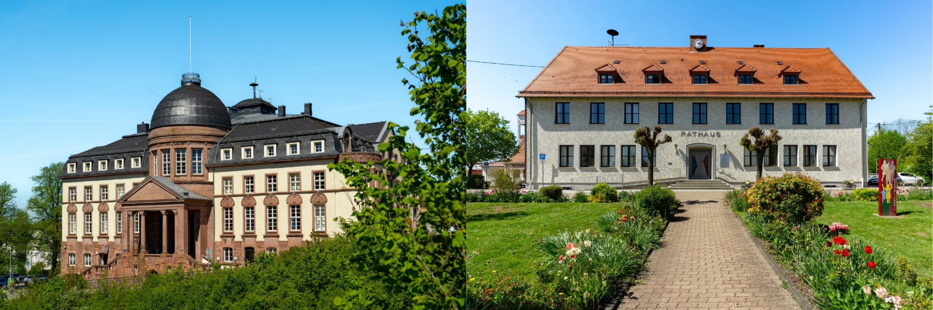 Links ist das Rathaus Wemmetsweiler zu sehen und rechts das Rathaus in Merchweiler