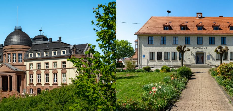 Links ist das Rathaus Wemmetsweiler zu sehen und rechts das Rathaus in Merchweiler